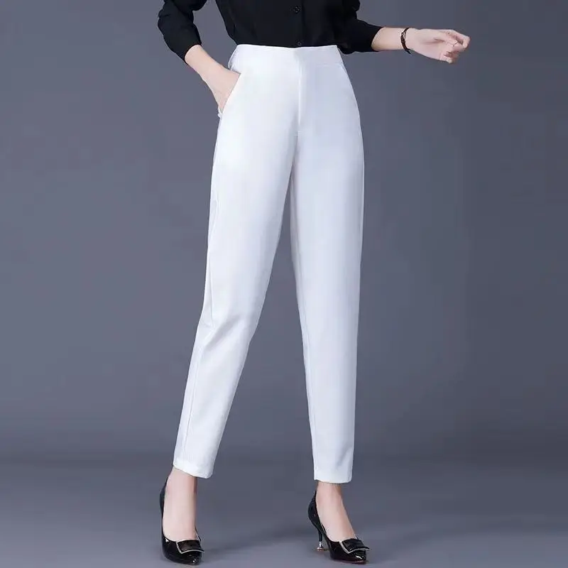 Spring and Autumn Women's Solid Color Pockets Straight Barrel High Waist Long Loose Fit Elastic Fashion Elegant Casual Pants