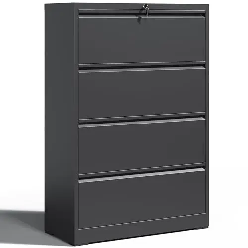 4 Drawer Lateral File Cabinet with Lock Black Metal Filing Cabinet | Heavy Duty Large Steel Storage Cabinets for Home