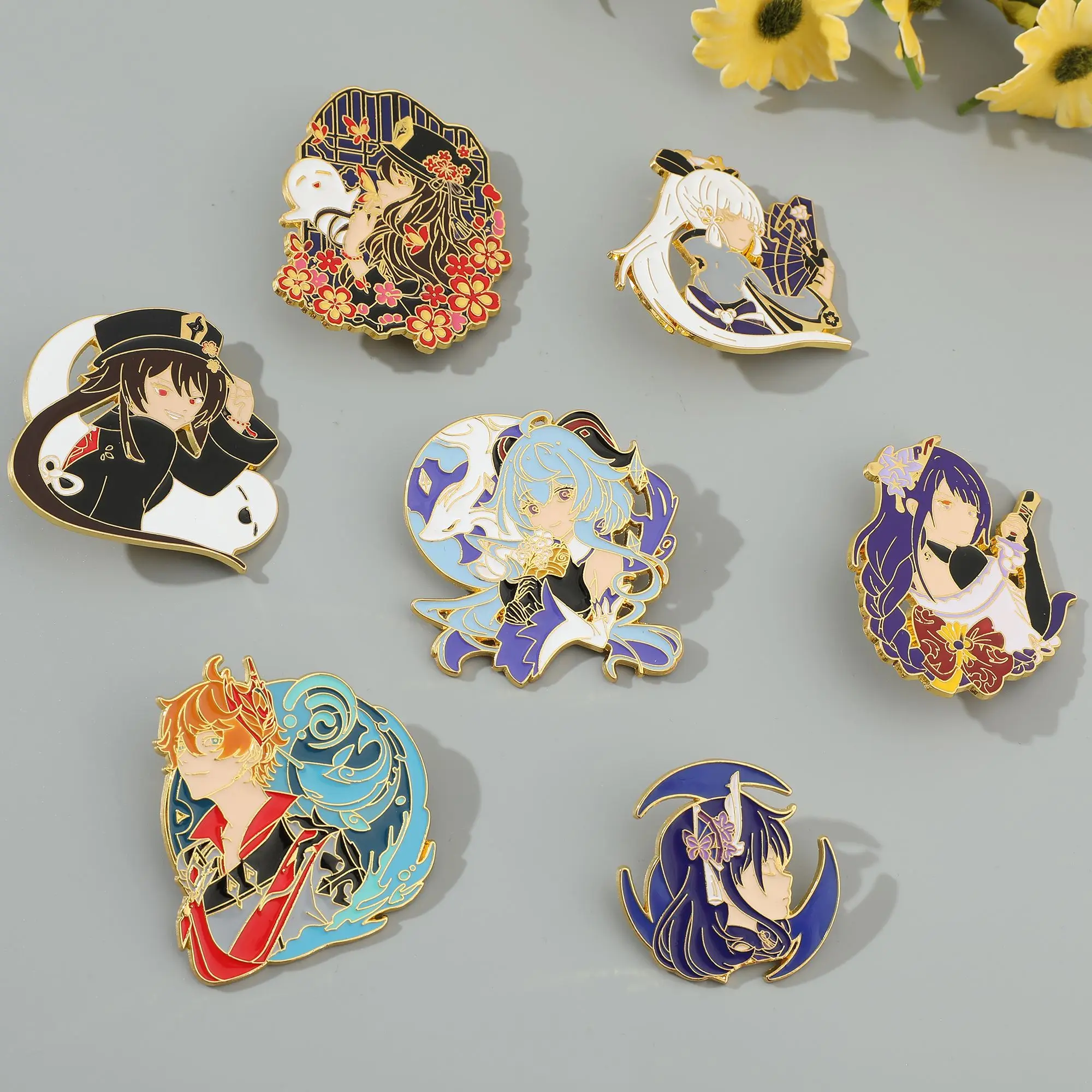 Genshin Impact Hu Tao Venti Enamel Pin Ganyu Raiden Shogun Tartaglia Figure Badge Brooch Collection Cosplay Souvenir Gifts