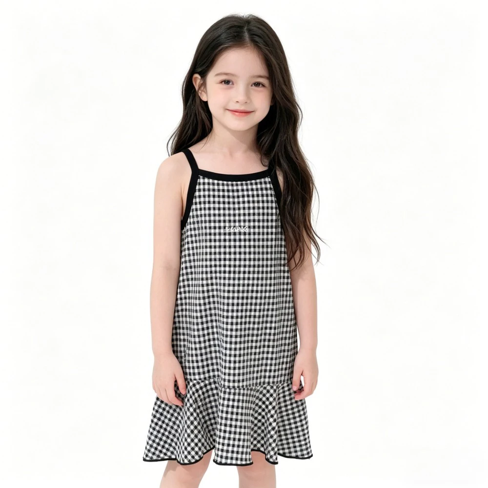 Girls Sleeveless Cotton Sleep Dress, Plaid/Polka Dot Print Casual Homewear Nightgown for Kids Night Dress