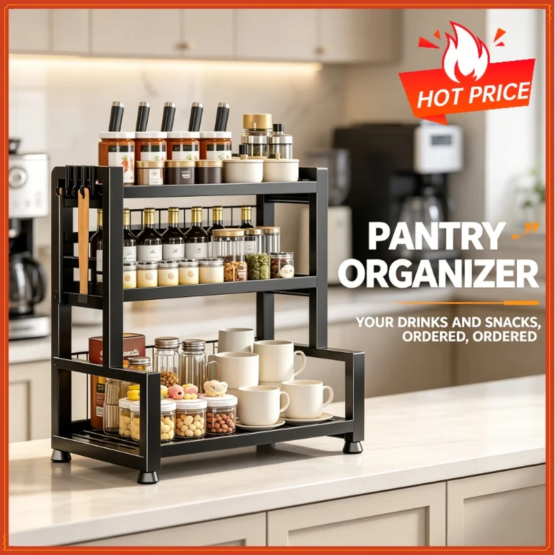 2‑3 Tier Adjustable Metal Spice Rack, Freestanding Multifunctional Kitchen Storage Organizer With Fixing Device, Knife Holder