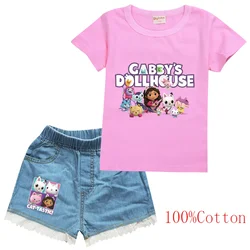 Gabbys Dollhause Clothes Toddler Girls Cartoon Outfits Children Summer Clothing Kids Gabby Cats T-shirts + Denim Shorts 2pcs Set