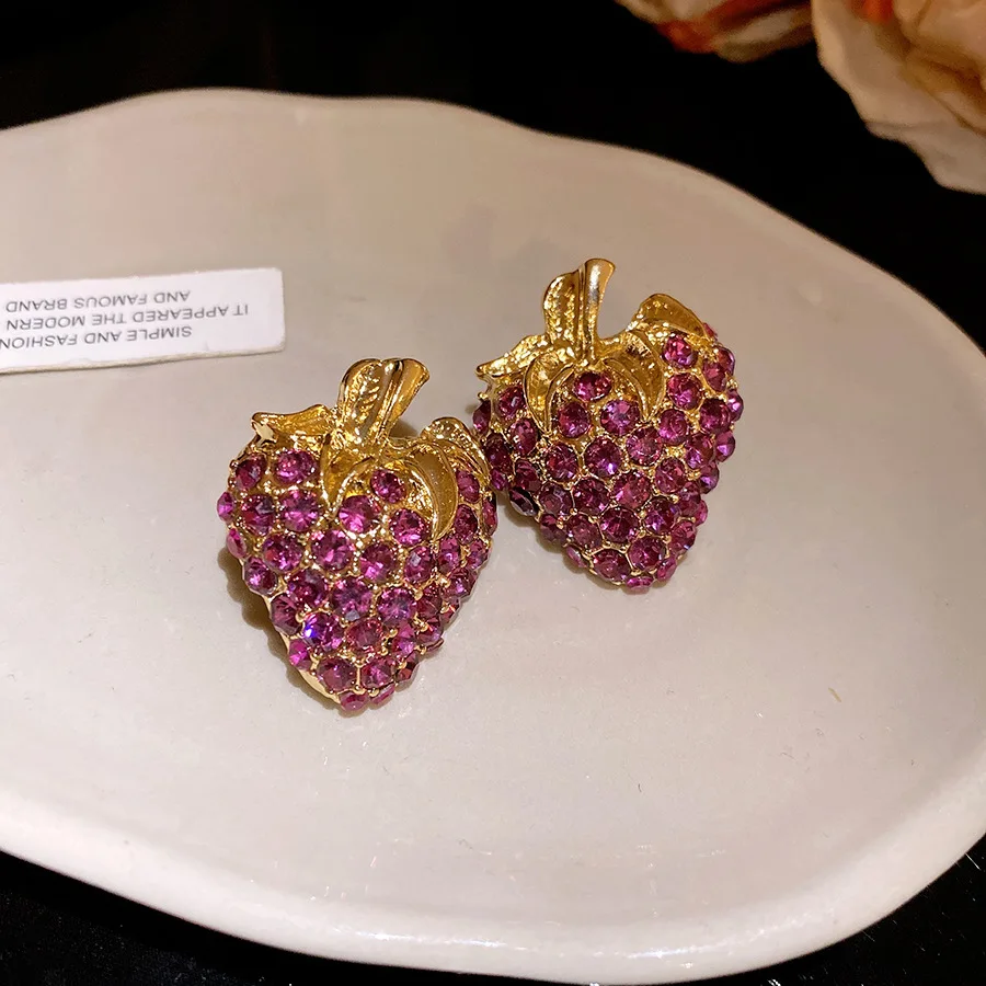 Full Purple Rhinestones Strawberry Stud Earrings for Women Lady  Sweet Dedicate Fruits Ear Studs Picnic Dating Jewelry K
