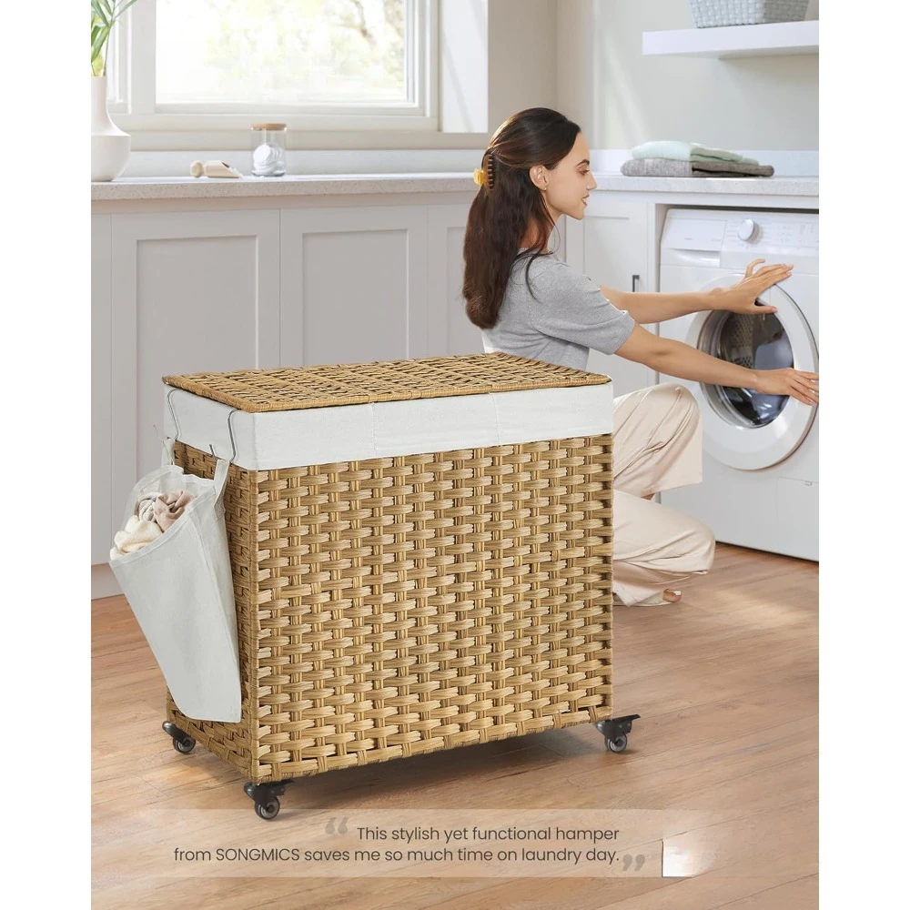 Laundry Hamper with Lid, 42.3 Gallons (160 L), Rolling Laundry Basket with Wheels, 3-Section Synthetic Rattan, Removable Liner