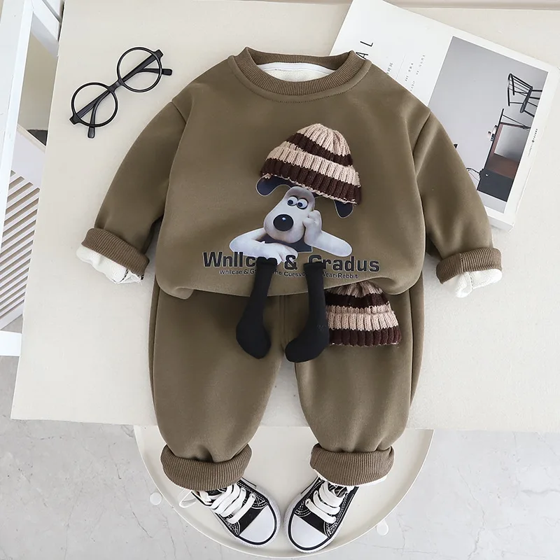 Toddler Boy Christmas Outfit Winter Set 2023 Childrens Cartoon Casual Plush Velvet Sweaters Pants Suits Baby Girl Infant Clothes