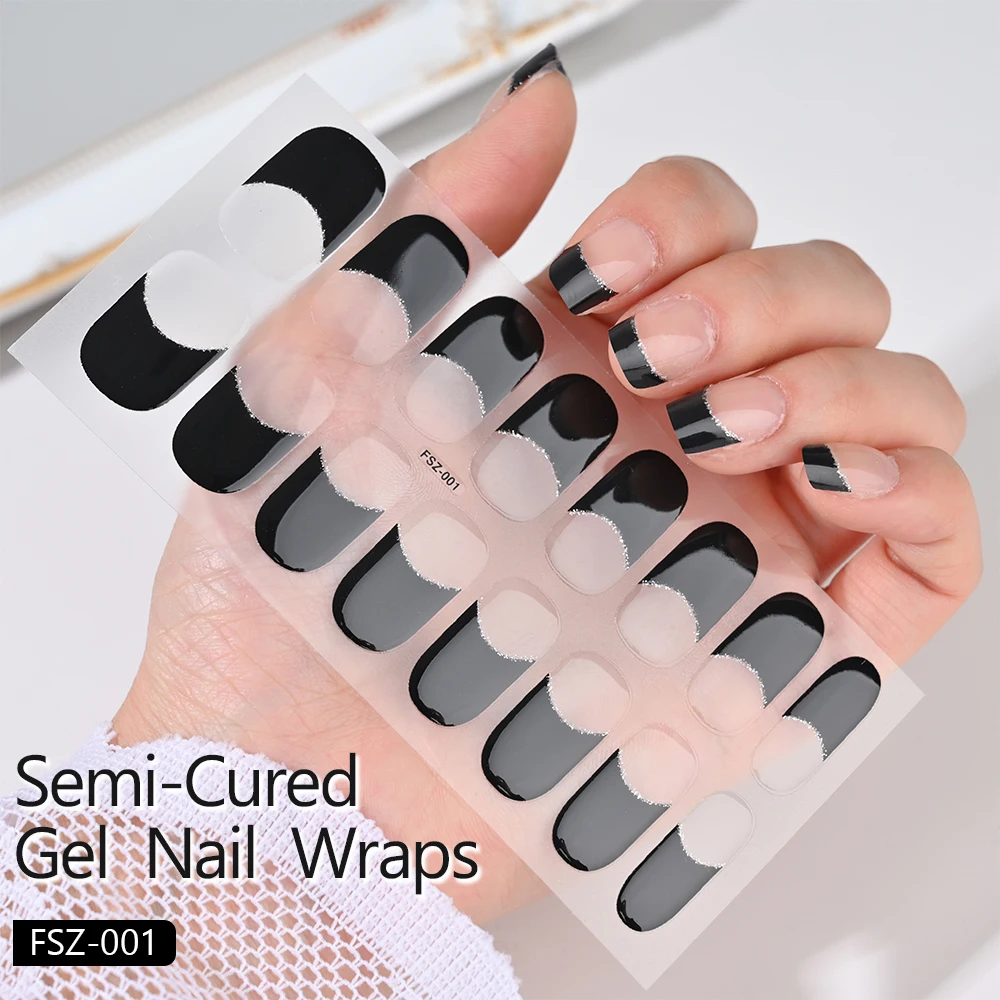 16Pcs/set Soild Semi-Cured Gel Fench Nail Stickers Black/White/Pink Full Cover Gel Nail Sticker Long-Lasting Adhesive Stickers