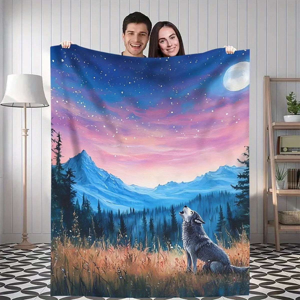1pc Wolf howling at the moonlit night Digital Printed Design Pattern Blanket, All-Season Soft and Warm Throw, Ideal for Home Bed