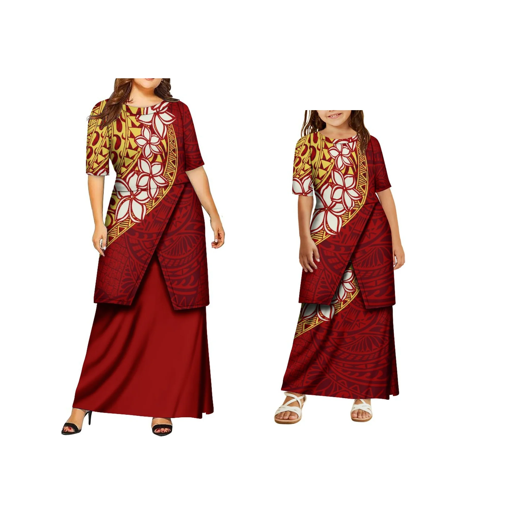 Nova chegada polyneisan tribal senhoras tripulação pescoço mãe e filha vestido personalizado puletasi samoan vestido duas peças conjunto vestido