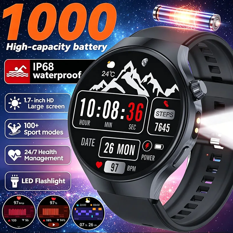 

2026 New 100+ Sports Smart Watch 1.7 inch HD Large Sceen 1000mAh Bluetooth Call LED Flashlight IP68 Waterproof Men Smart Watch