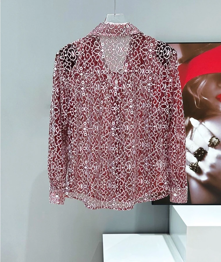 Lace Summer Design New Hollow Out Sheer Thin Mesh Pattern Floral Shirt Long Sleeve Casual Loose Premium Blouse