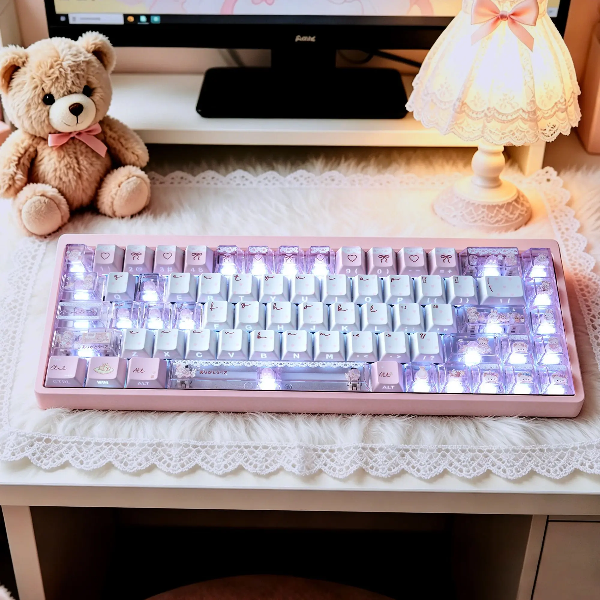 73 Keys Bear Tea Party Keycaps Side Engraved Light Cherry Dye-Sub Customise Key Cap for Mechanical Magnetic Keyboard Wooting