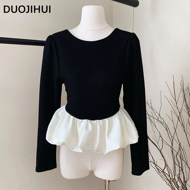 DUOJIHUI Autumn New Chic Neck Contrast Color Female Tops Korean Style Loose Simple Long Sleeve Fashion Slim Casualwomen Clothes