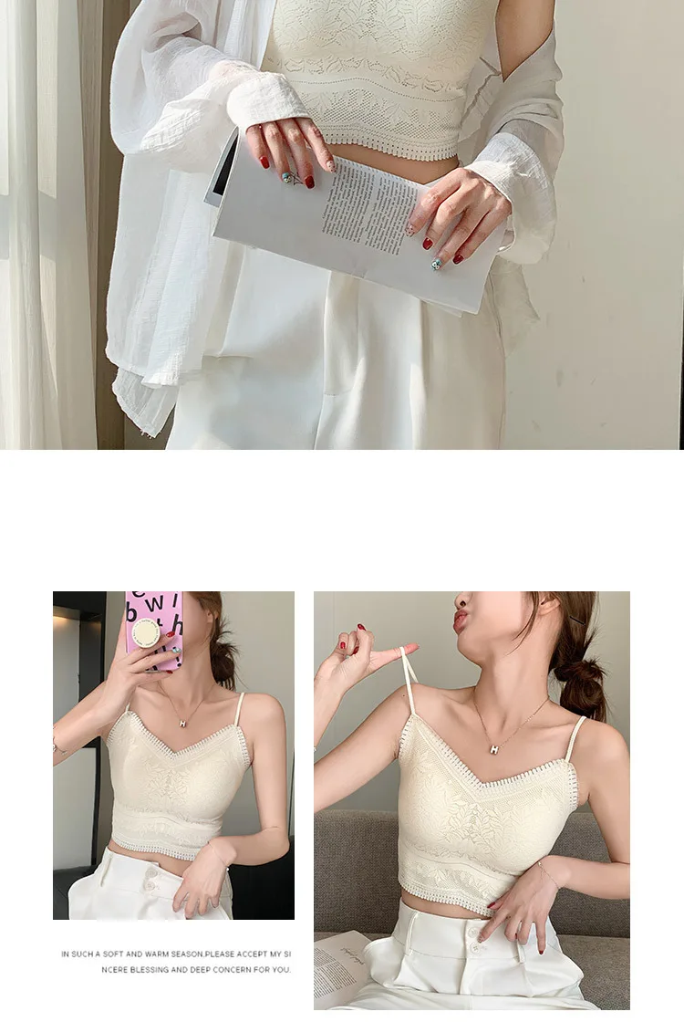 Die neue Damen-Spitzenweste mit nahtlosem kleinen Neckholder, Wickelbrust, nahtlose Unterwäsche, eine Tasse, rutschfester BH, Y2k-Top, Tank-Top, Neckholder – Detail 13