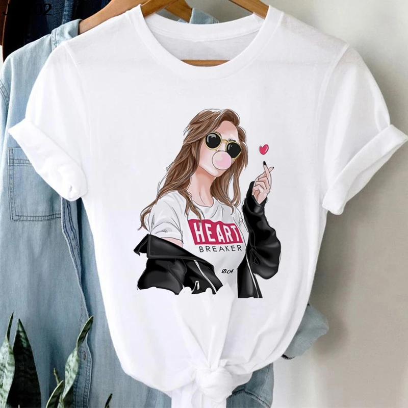 White Women\'s Clothing T-shirt Fashion Blowing Bubble Girl Print Ladies Tshirt Summer Harajuku Short-sleeved Tops Womans T Shirt