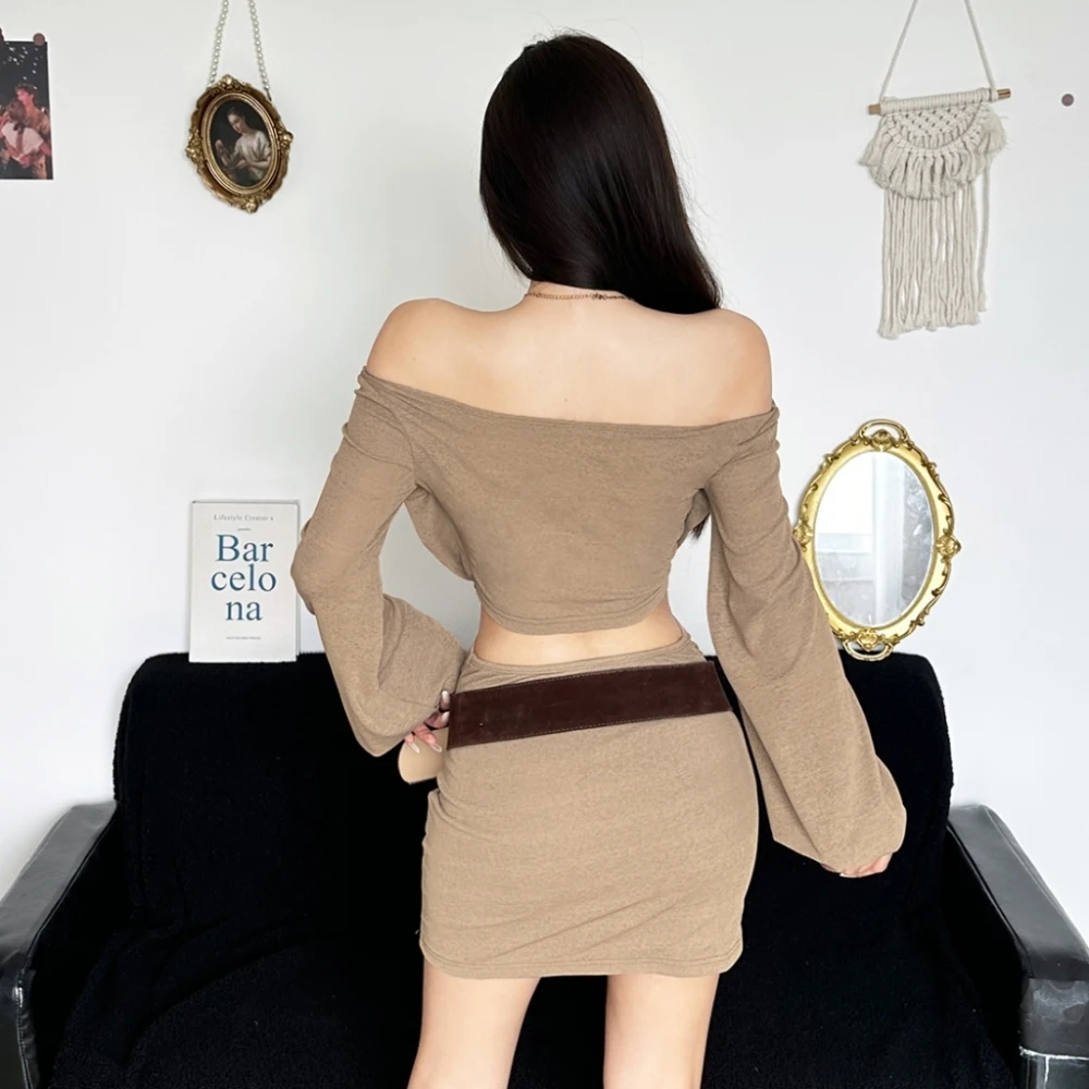 SylCue Ruched Elegant Mini Dress Woman Slash Neck Full Sleeve Hollow Waistless Sweet Girl Street Fashion Versatile Style Bodycon