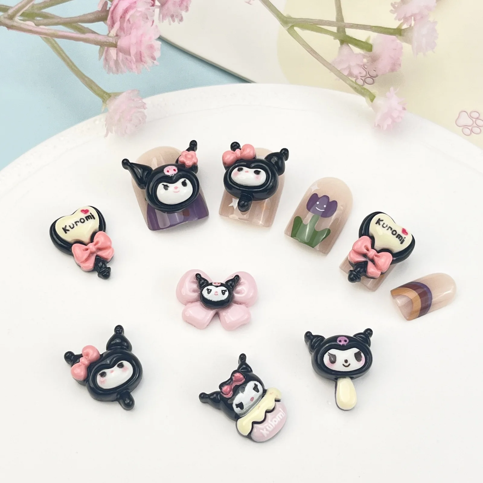 Sanrio Kuromi Cartoon Nail Jewelry Girls Cute Three-dimensional Love Bow Series Magic Stick Girls Diy Nail Accessories Christmas