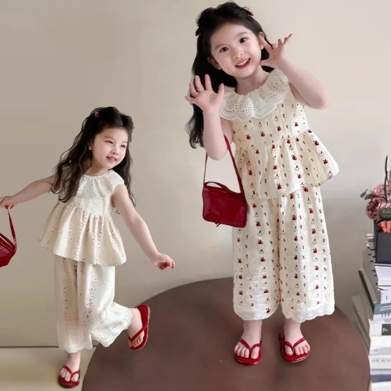 Ensemble de vêtements 2 pièces hauts + pantalons pour enfants, tenue d'été fine à imprimé floral, sans manches, costume décontracté pour petites filles, nouveau
