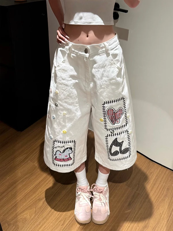 White Cartoon Patchwork Embroidered Button Denim Shorts High Waist Wide Leg Pants Summer Thin Cotton Blend Casual Jeans