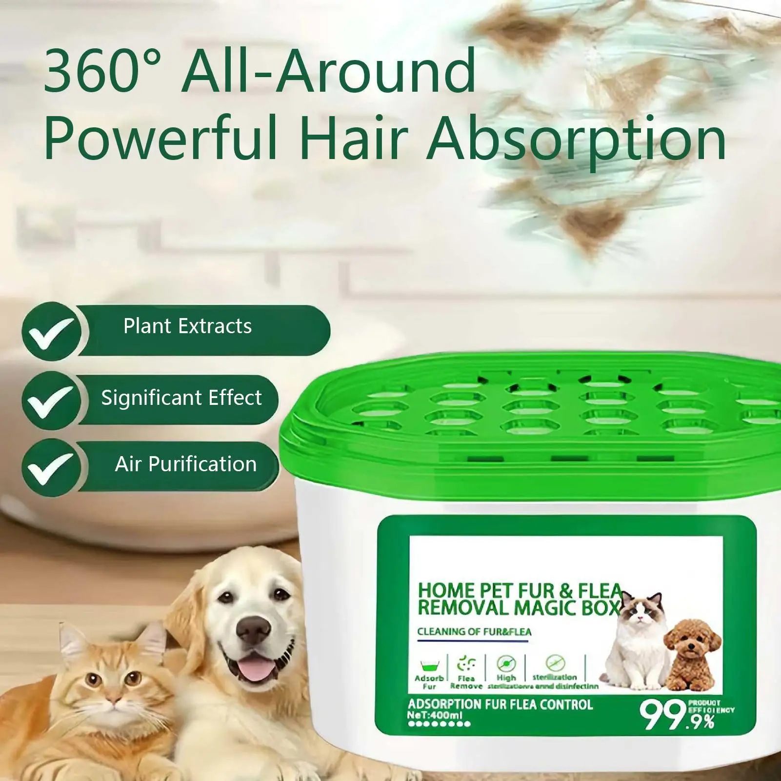Caixa Removedora de Odor de Pelos de Animais 400ml Coletor de Poeira Purificador de Ar 360 Graus para Casa, Quarto, Sala de Estar e Áreas de Animais de Estimação
