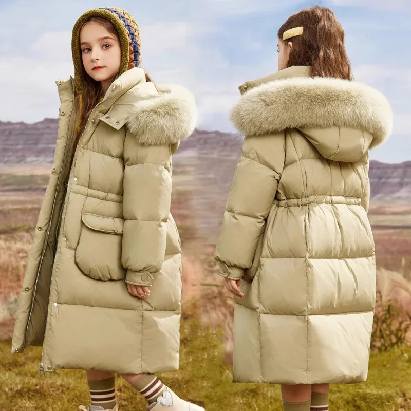 

2025 New Winter Girls Jackets Kids Thickened Warm Down Coats Children's Fur Collar Hooded Outerwear Teenager Long Overcoat