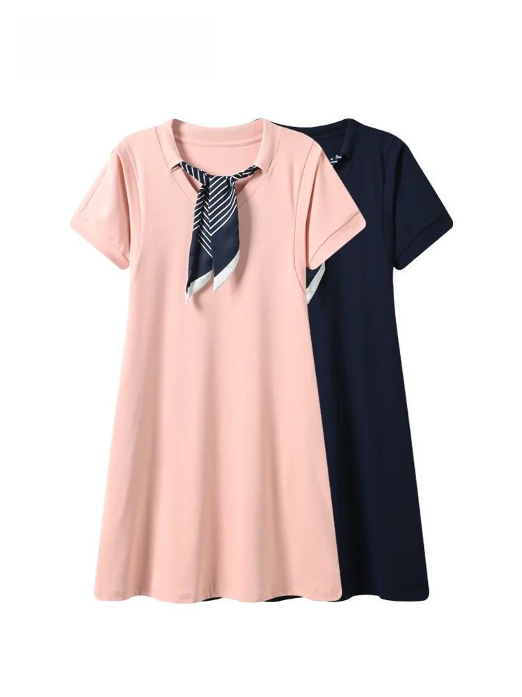 

Summer New plus Size Women's Dress Cara CLUB Short Sleeve round Neck Gown Casual Style Slimming Ribbon Detail Polyester Fiber