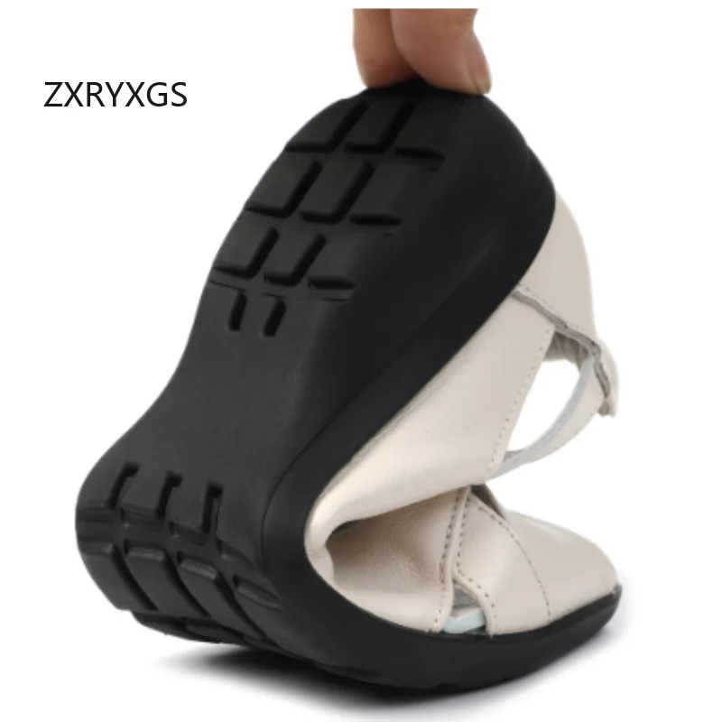 

ZXRYXGS 2026 Top Soft Cowhide Hollow Fish Mouth Sandals Breathable Real Leather Sandals Large Size Women's Flat Wedges Sandals