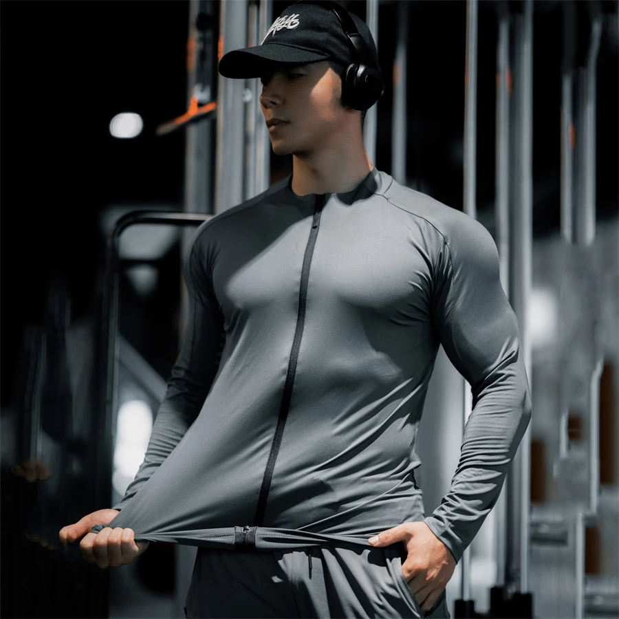 2024 Men\'s Muscle zipper Shirts Light Weight Slim Fit Long Sleeve Workout Gym T-Shirts Soft Tees Bodybuilding