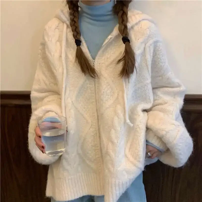 Cardigan Beauty School Sweater Spring and Autumn Loose Hooded Twist Knit Cardigan Fashion Solid Color Korean Sweater Jacket New