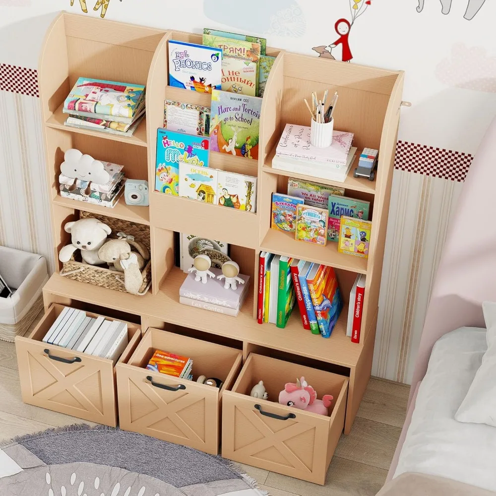 Children's Book Storage Rack, 3-Layer Kids Bookcase with 7 Storage Cabinets, Drawers Toy Cabinet, Children's Book Display Rack