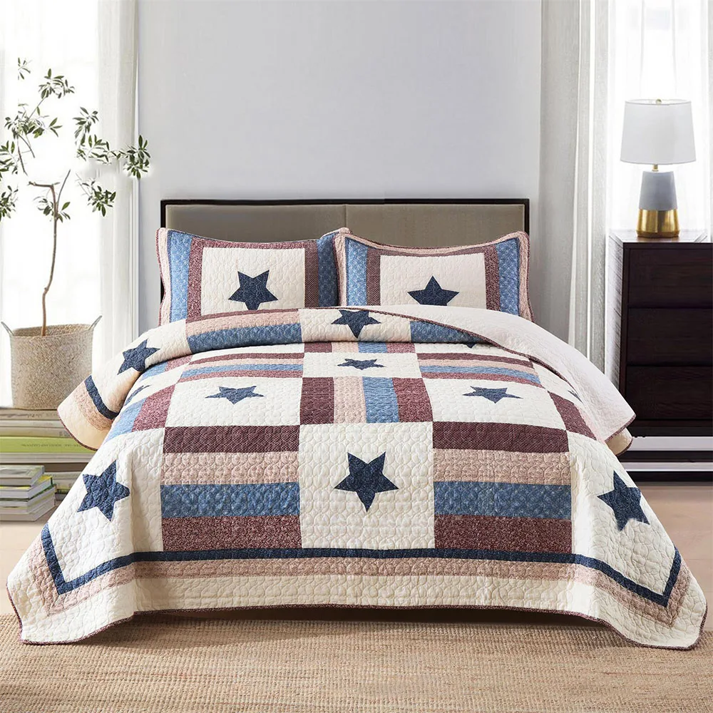 Handmade 100% Cotton Star Patchwork Quilted Bedspread Set - 3PCS Lightweight Summer Quilt & Sofa Cover, Home Decor Bedding
