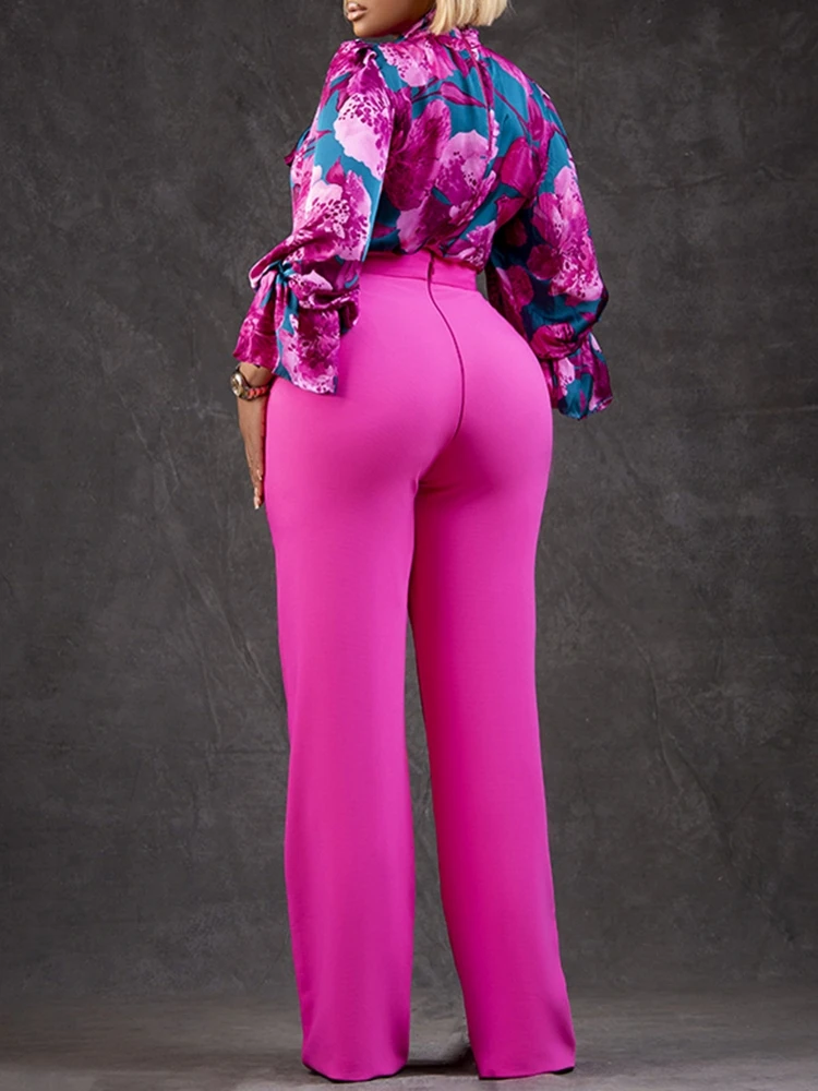 2 Pieces Women\'s Sets Summer Autumn Flower Print Blouse Shirt Suit Tops And Pants Suits Dashiki African Set Tracksuit Outfit
