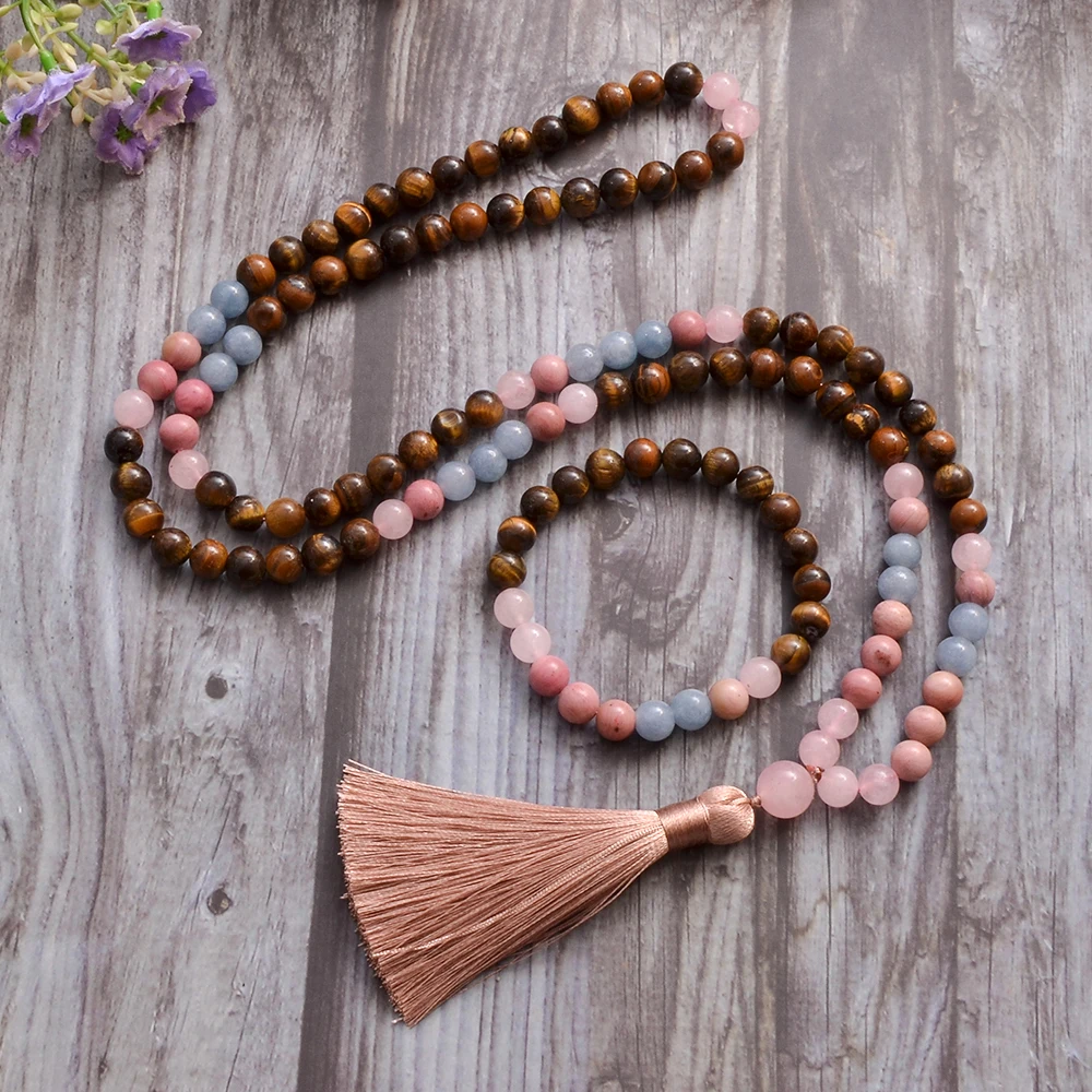 8mm Yellow Tiger Eye Rose Quartz Aquamarine Beads 108 Mala Necklace Meditation Prayer Jewelry Japamala Set Rosary for Women