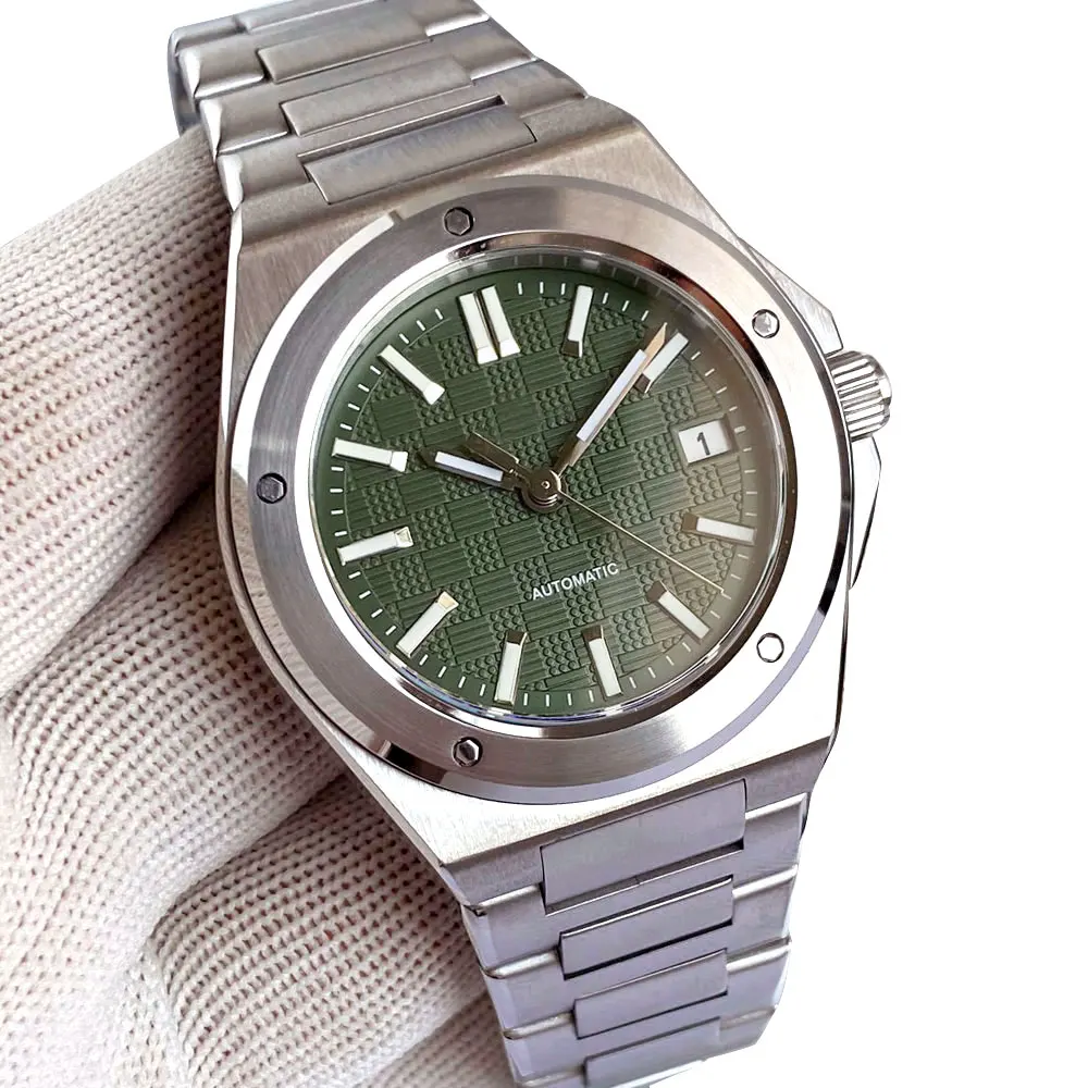 Tandorio 40 mm weiß kariertes Gitter-Zifferblatt, leuchtende NH35 mechanische Herren-Armbanduhr, Saphirglas, Stahlarmband, Datumsstab-Index 9