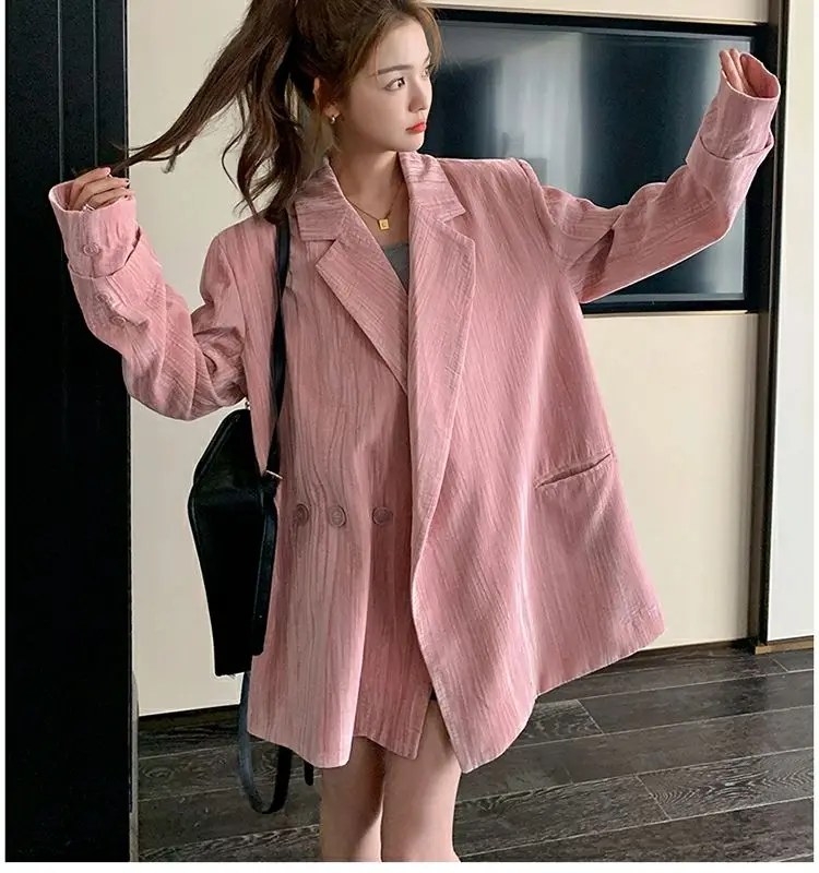 Blazer en velours rose haut de gamme pour femmes, nouveau Style coréen, ample, décontracté, mi-long, surdimensionné, vestes de costume, hauts pour femmes, printemps/automne