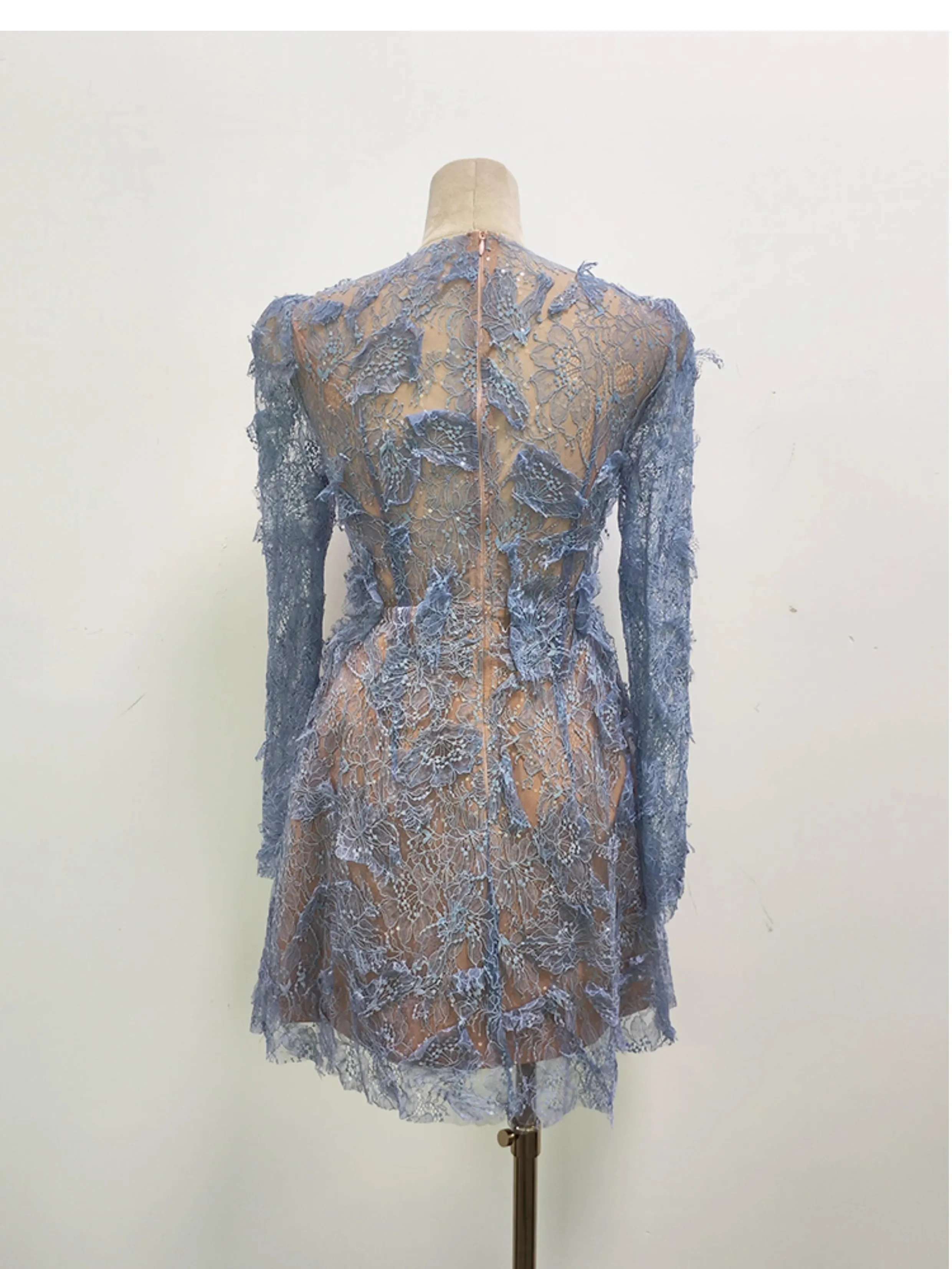 Blue Lace Elegant Dress Women Long-sleeve O-neck Evening Party Bodycon Dress Female High Waisted Runway Design Clothing