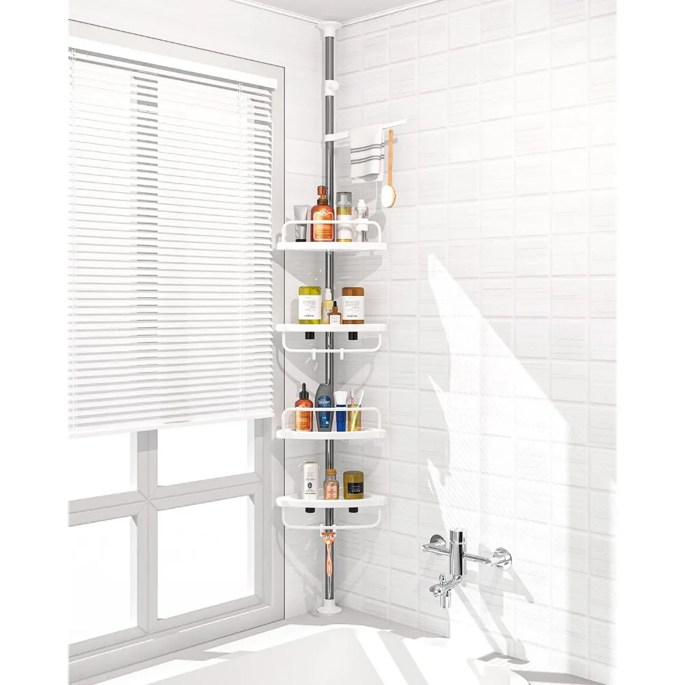 

Adjustable 4-Tier Shower Caddy, Stainless Steel Pole Organizer with Removable Shelves, Rustproof for Bathroom Storage