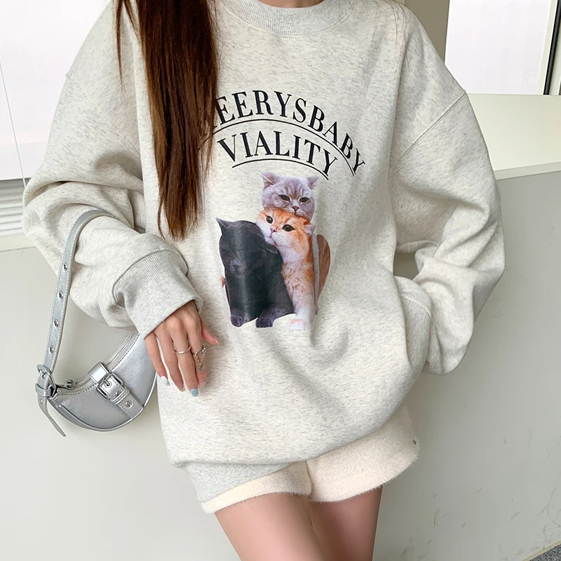 Chic Cat Pattern Couple Sweatshirts Women Long Sleeve Autumn Winter Velvet Warm Tops Pullovers Trendy Letter Jumper Female