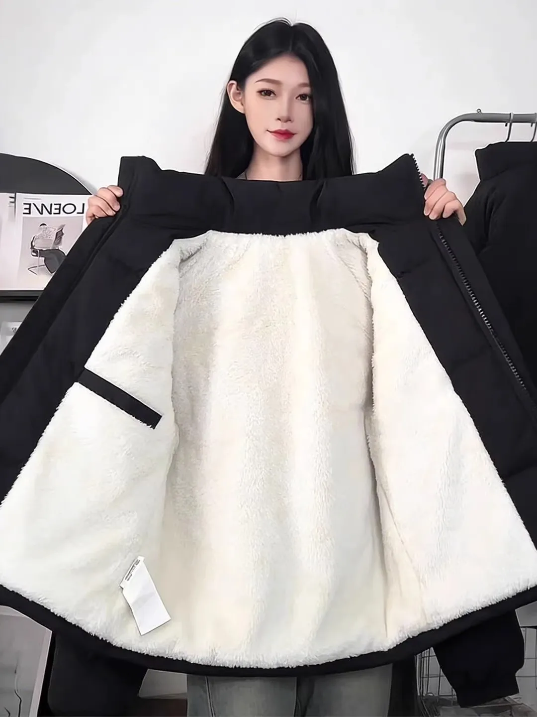 

Lamb Velvet Fce Lined Thiened American Sle Cotton Jaet Warm Stand Collar Bread ape Coat for Men And Women