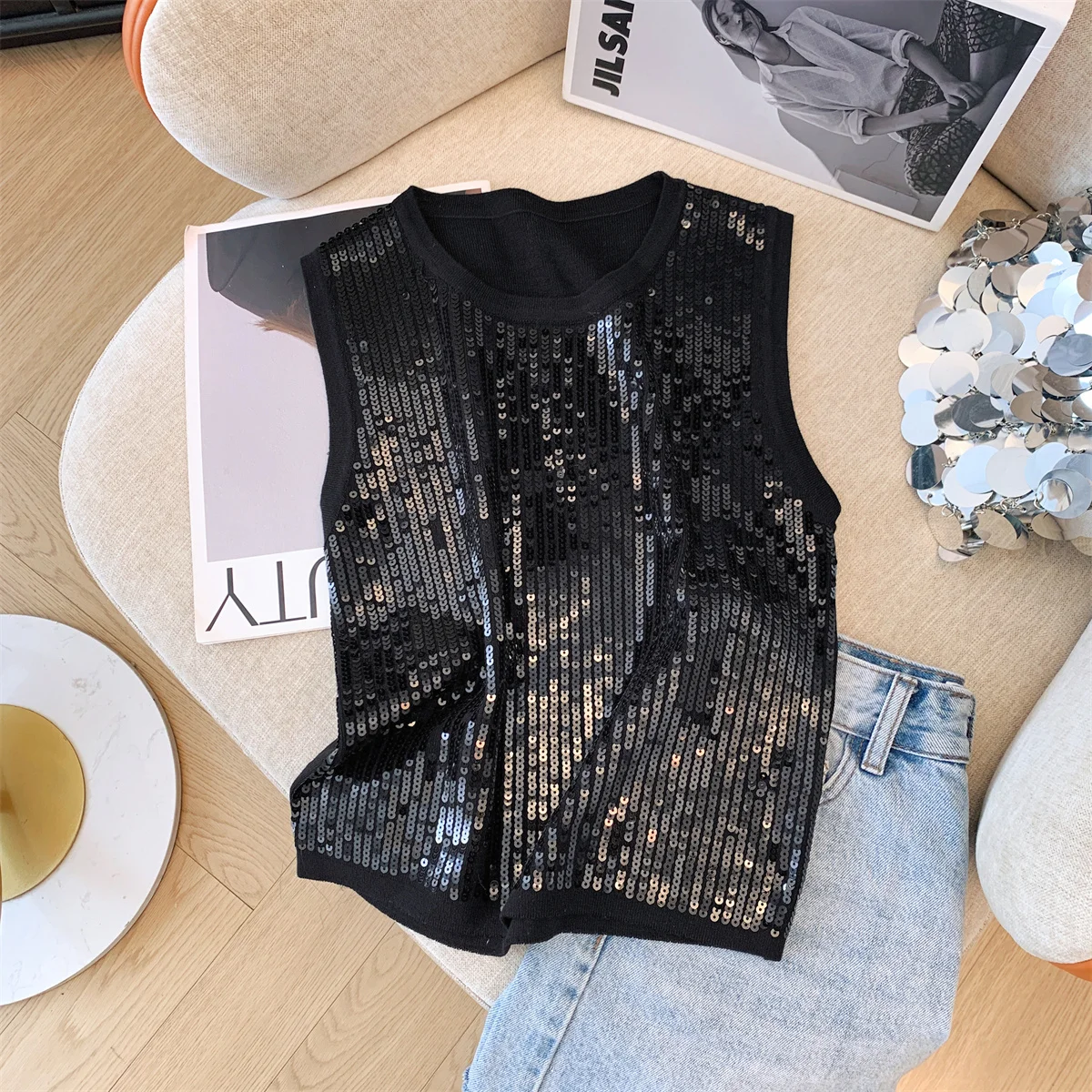 Sequins Stylish Knit Sweater Vests Women Tops Pullovers 2024 Summer Sleeveless Round Neck Elegant Fashion Chic Ladies Jumpers