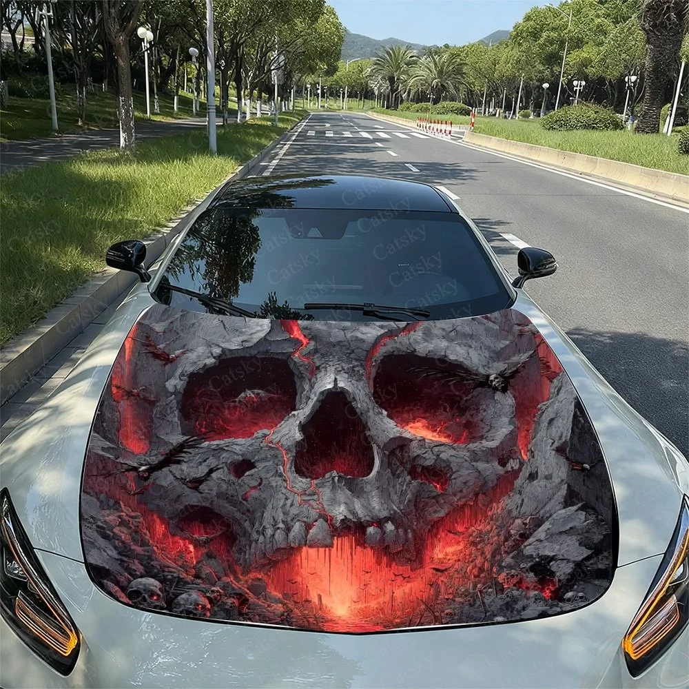 

This striking car hood wrap features a menacing skull with glowing red eyes and fiery veins, creating an intense and edgy look f
