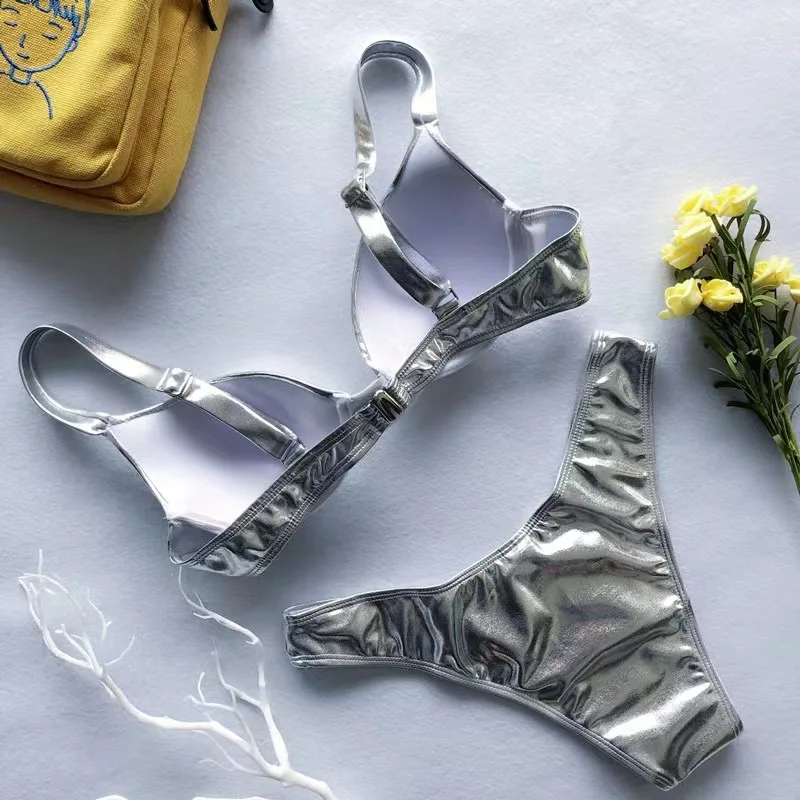 Silver Bright Leather Bikinis 2023 Push Up Bikini Set Female Swimsuit Women Swimwear Bather Bathing Suit Biquini
