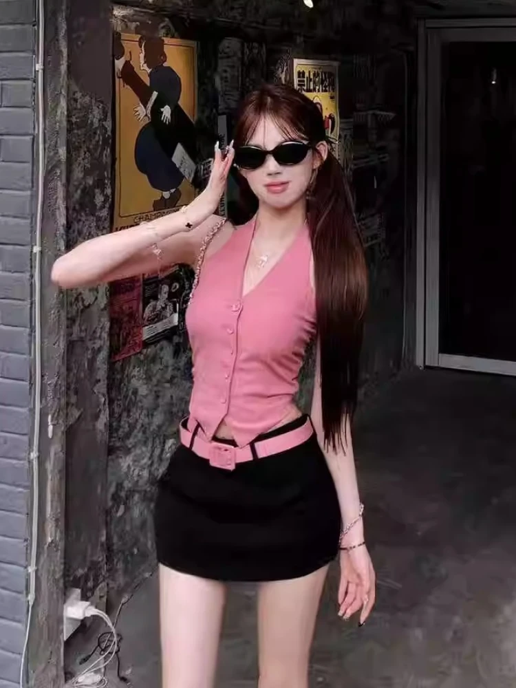 

Summer Sexy Spicy Girl Pink Suit Women 2024 New V-Neck Hanging Neck Vest Sling Open Back Top+High Waist Black Skirt 2-Pece Set