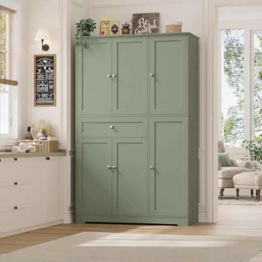 68 Tall Kitchen Pantry Storage Cabinet with Adjustable Shelves and Soft-Close Doors, Emerald Green for Modern Home Organization