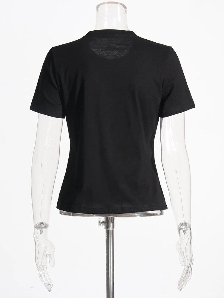 TWOTWINSTYLE Solid Casual Patchwork Bowknot Top For Women Round Neck Short Sleeve Spliced Lace Up Minimalist T Shirts Female New