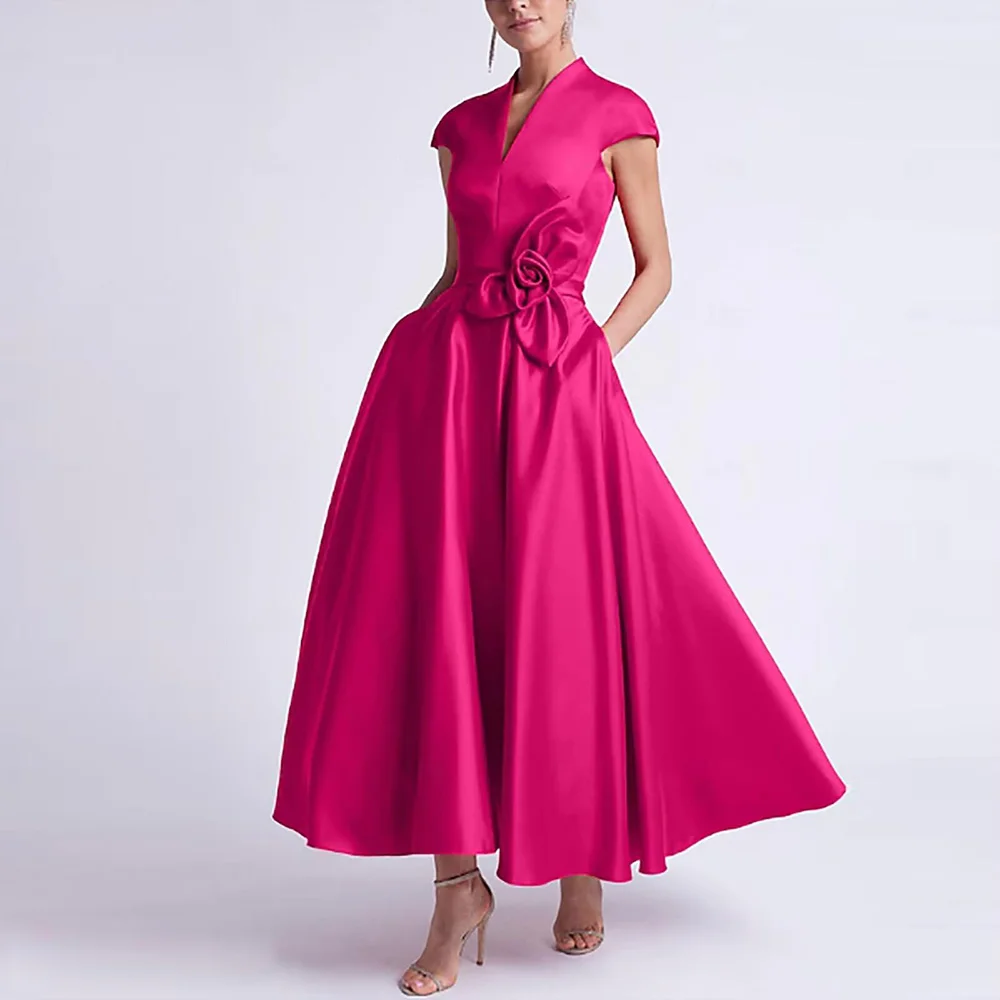 

Customized Elegant Satin Mother of The Bride Dresses for Women Tea Length Cap Sleeves Wedding Guest Dress A Line Evening Gown