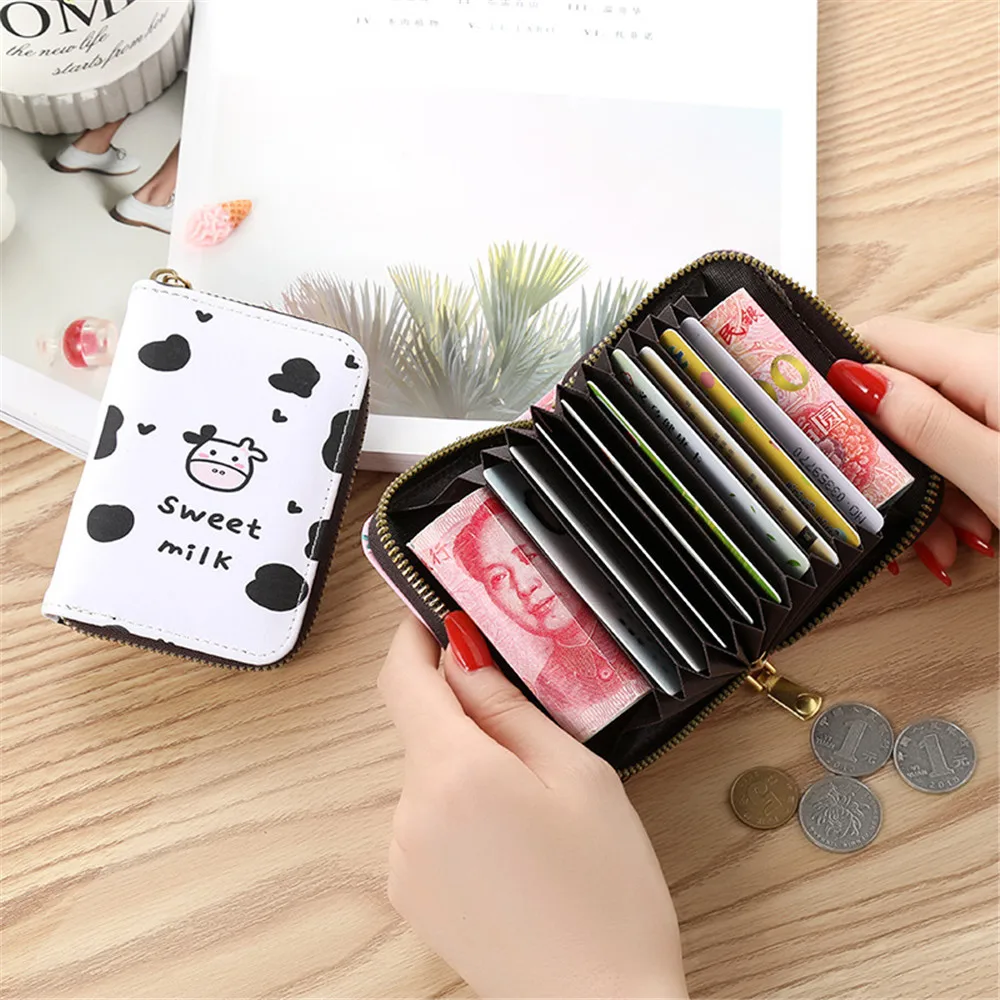 

Fashion Short Wallet Credit Card Holder Women Cute Print Cartoon Cow Bear Leather Zipper Coin Purse Girl Students Mini Money Bag