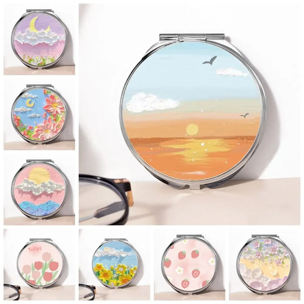 Pocket Tulip Makeup Mirror Rose Double-Sided Cosmetic Mirror Handheld Oil Painting Folding Mirror Makeup Accessories