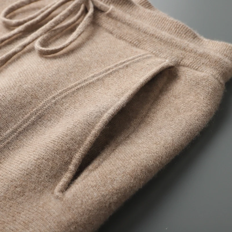 100% Cashmere Air-Layer Elastic Waist Slim-Fit Pants Men Fashion Casual Long Pants Autumn Winter Classic Sports Knitted Pant