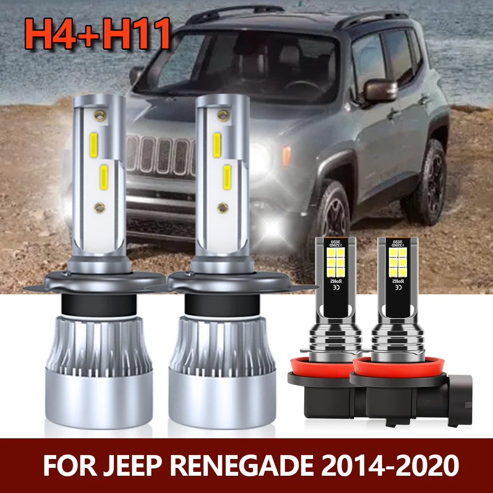 4x LED Headlight Bulbs Hi/Lo H4 H11 Fog Light Combo Car Conversion Lamps For Jeep Renegade 2014 2015 2016 2017 2018 2019 2020