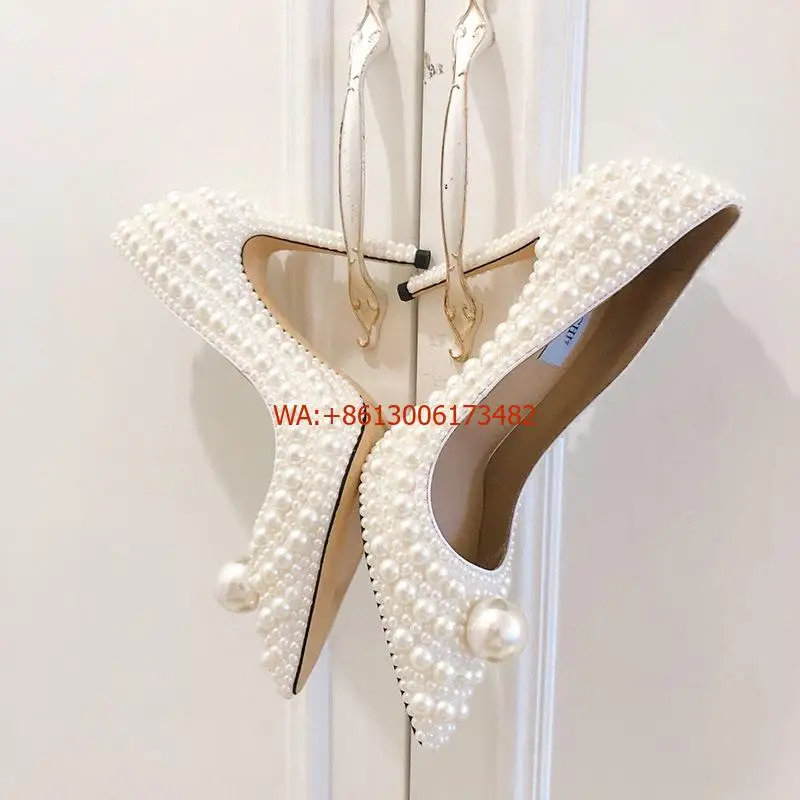Design Women's High Heel Shoes with Whole Pearls Beading High-Quality Pearls Pointed Toe 10.5cm Stiletto Heels for Wedding
